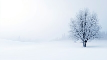 Obraz premium Solitary tree in snowy winter wonderland serene landscape of tranquility 
