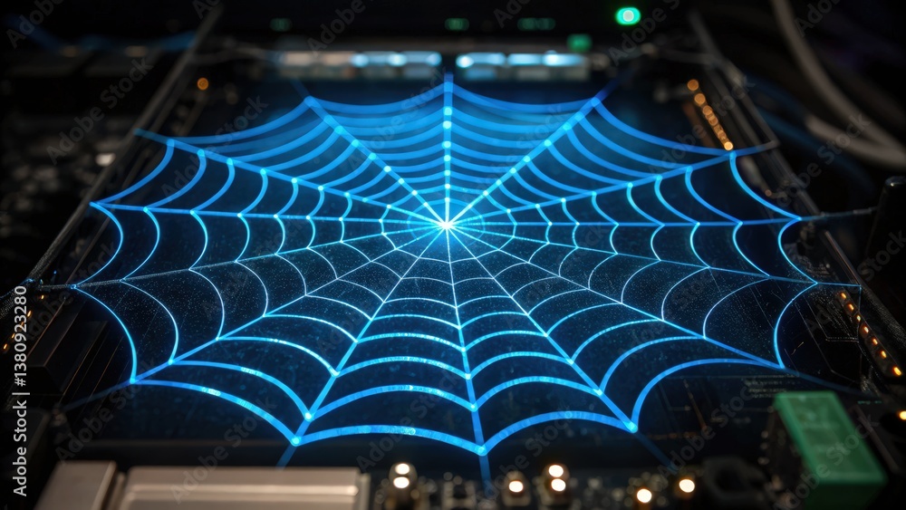 Aufkleber a glowing blue web pattern overlays a dark circuit board, blending technology with the intricate des