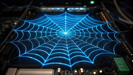A glowing blue web pattern overlays a dark circuit board, blending technology with the intricate design of a spider's web.