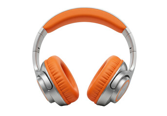 Modern wireless over-ear headphones with a silver frame and bright orange ear cushions isolated on transparent background
