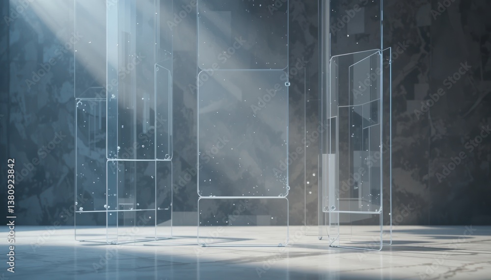 Poster showcasing transparent glass structures modern architecture 3d render studio space aesthetic lightin