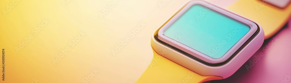 Poster a colorful smartwatch with a sleek design, featuring a vibrant display and a yellow strap, set again