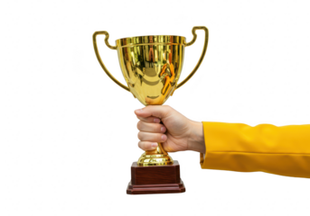 A golden trophy cup being held triumphantly in a hand wearing a yellow sleeve isolated on transparent background