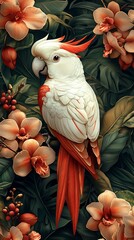 Vibrant White Cockatoo with Red Accents Among Lush Green Leaves and Blooming Orchids