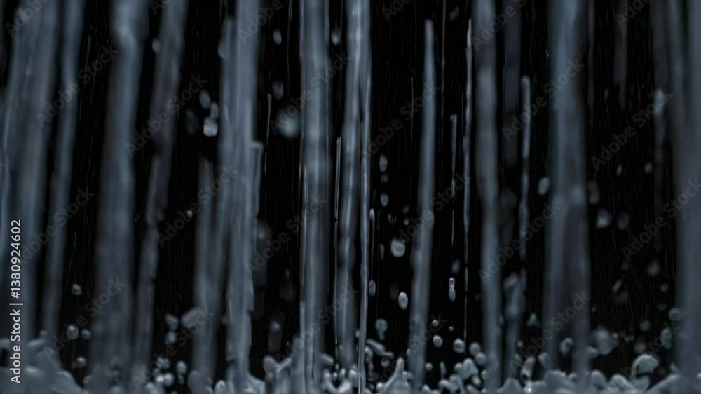 Poster abstract video of cascading liquid strings, captured from a low angle. the monochrome style creates 