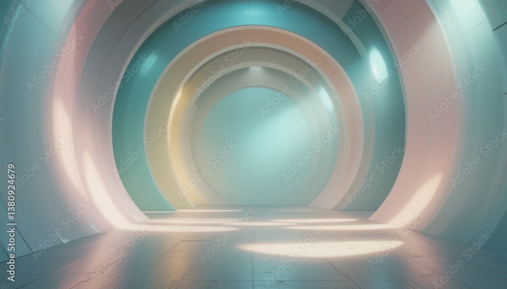 Poster Dynamic light patterns in an abstract circular space modern art gallery visual installation bright environment wide-angle view contemporary design aesthetic