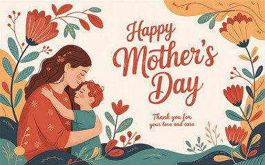 A mother hugging her child on happy mother's day floral background