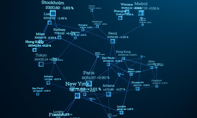 Fototapeta premium AI trading Bot, big data, stock exchange. Financial market, AI stock market model, artificial intelligence, automated trading decisions, software, digtial trading system. 3D illustration