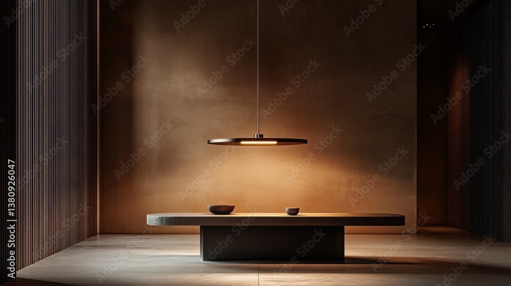 Poster soft light casts a warm glow over a sleek, stone dining table surrounded by simplicity. this tranqui