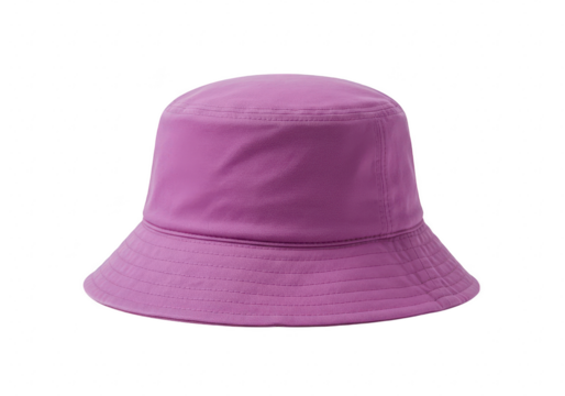 A vibrant purple bucket hat with a soft round crown and downward-sloping brim isolated on transparent background
