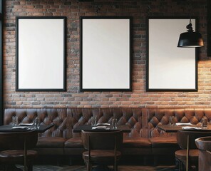 Three blank posters on brick wall above brown leather booth in restaurant.