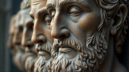Obraz premium Three statues of men with beards and one of them has a beard that is very long