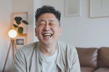 Portrait of a content asian man in his 40s laughing while standing against crisp minimalistic living room