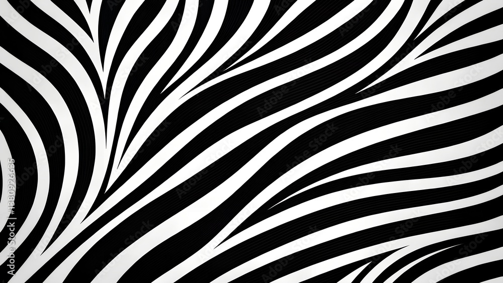 Poster abstract zebra pattern with dynamic black and white wavy stripes creating an optical illusion design