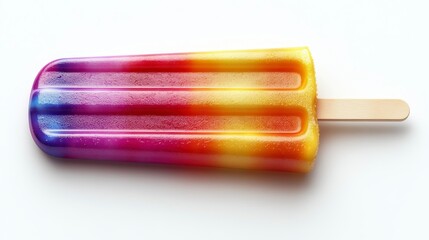 Colorful frozen dessert, a rainbow popsicle with layers on a stick, casting a shadow