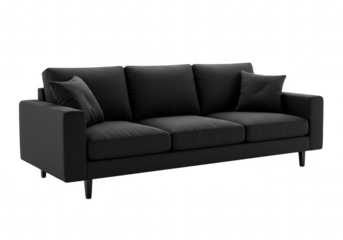 A modern black sofa with clean lines and plush cushions isolated on transparent background