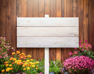 Blank white rustic wooden rectangle garden sign with floral and wood background. Empty rustic wood board on wooden fence with flowers. Mockup for home, garden, and business display.