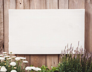 Blank white rustic wooden rectangle garden sign with floral and wood background. Empty rustic wood board on wooden fence with flowers. Mockup for home, garden, and business display.