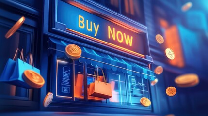 Obraz premium Vibrant digital storefront showcasing shopping bags and floating coins, inviting online purchases