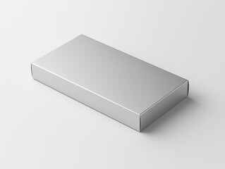 A minimalistic front side view rectangular packaging with a silver iridescent color. The design is simple yet elegant, focusing on clarity and precision. It includes subtle branding elements like shad