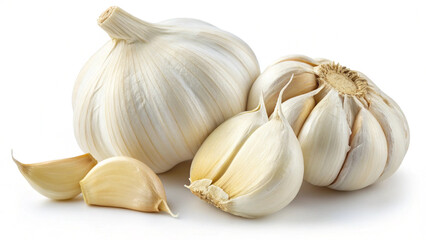 Obraz premium Garlic bulb, peeled cloves, white background, fresh ingredient, culinary presentation, natural texture.
