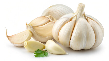 Whole garlic bulb with peeled cloves, isolated on white, showcasing a fresh and ready-to-use ingredient.