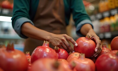 Hands Selecting Red Pomegranates at Supermarket