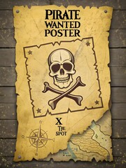 Antique Pirate Wanted Poster Featuring Skull and Crossbones with Treasure Map