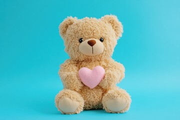 Obraz premium Cute teddy bear holding pink heart on blue background