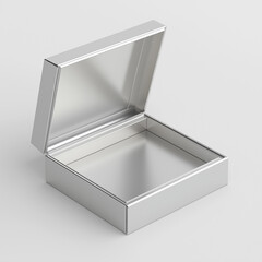 a silver color luxury paper box with an open lid. The bottom is made of silver luxury paper. The interior side has an empty space for the product. The background is white.