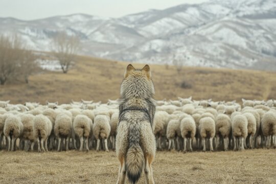Lone wolf observing flock of sheep in mountainous landscape - Powered by Adobe