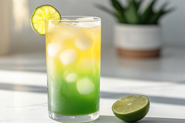 Refreshing layered drink with lime garnish on a white marble surface, with a plant in the background.