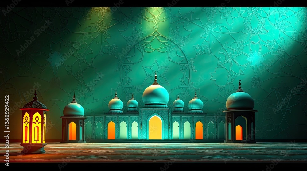 Poster an elegant architectural representation of a mosque with lanterns and light