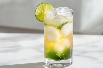 Fototapeta premium Refreshing lime cocktail with ice, vibrant layers, and a zesty lime garnish on a light marble surface.