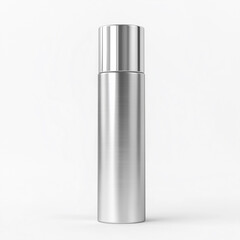 Elegant, tall soft silver cosmetic bottle with soft silver hologram cap, isolated on a white background, white serum inside, front view.