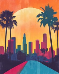 Retro-style illustration of Los Angeles skyline, vibrant and colorful