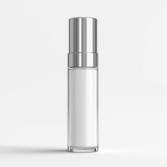 Elegant, tall white cosmetic bottle with hologram color cap, isolated on a white background, white serum inside, front view.