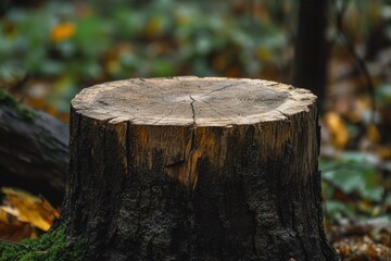 Close-up of tree stump with detailed rings in forest setting