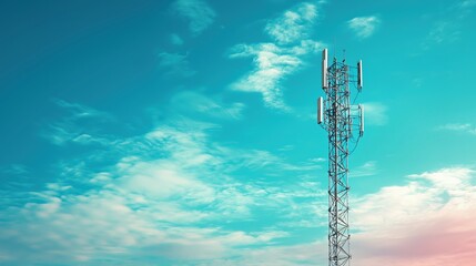 Wireless communication tower stands tall against a vibrant blue sky with scattered clouds, showcasing modern technology in an open landscape