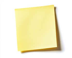 Yellow sticky note on white background, blank space for message, shadow, office stationery