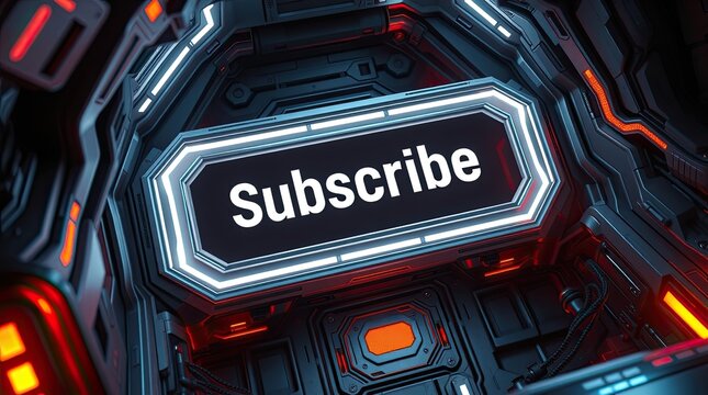 A glowing subscribe button is within a futuristic environment