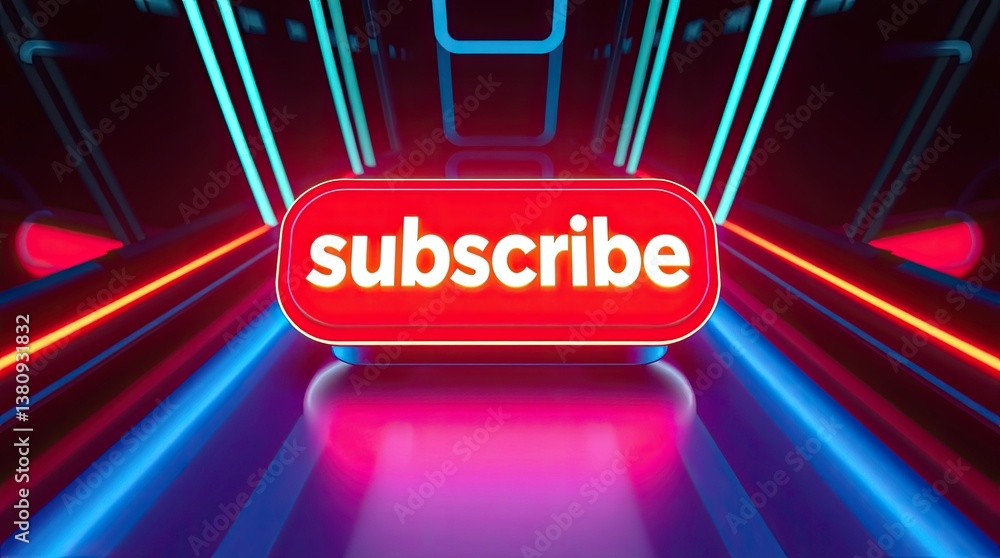 Poster red subscribe button illuminated in a futuristic neon corridor