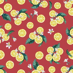 Tropical seamless pattern with yellow lemons. Fruit watercolor painted illustration