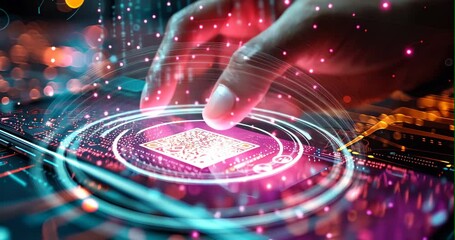 Close-up of a hand holding a smartphone, scanning a QR code, futuristic background with digital grids and holographic data displays, e-commerce and technology concept - Powered by Adobe