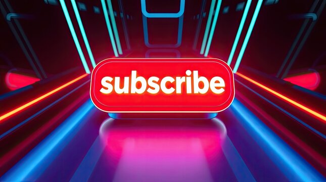 Red Subscribe Button Illuminated In A Futuristic Neon Corridor