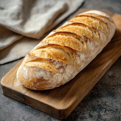 Naklejka premium Golden crust sourdough bread is placed on a wooden cutting board, showcasing its perfect slices in a warm kitchen atmosphere