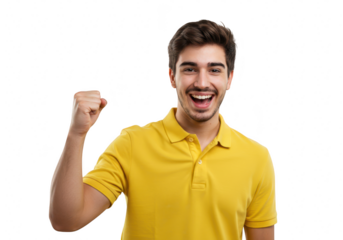 A happy young man smiling widely and raising his fist in a gesture of success or celebration isolated on transparent background