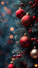  Festive Christmas Tree with Red and Gold Ornaments, Sparkling Lights, and Falling Snowflakes