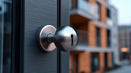 Closeup of Metal Door Handle and Keyhole on Grey Door with Modern Building in Background