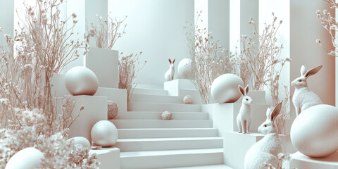 A luxurious Easter display with pastel-colored eggs and elegant decorations. The festive scene embodies renewal and tradition, perfect for seasonal branding, posters, and holiday marketing.